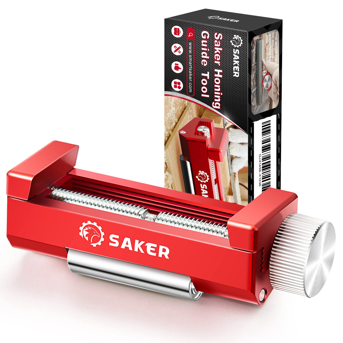 Saker honing guide red front view for stable, precise edge sharpening.
