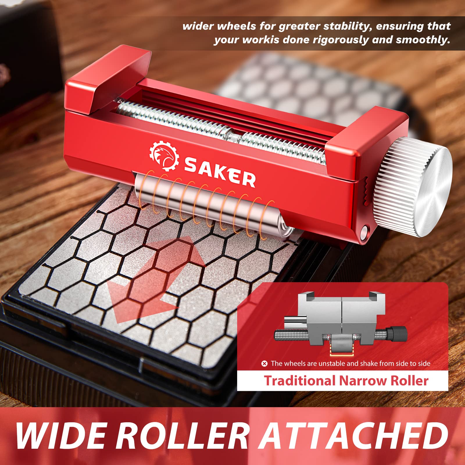 Saker honing guide red off-center roller demonstrates improved control during sharpening.