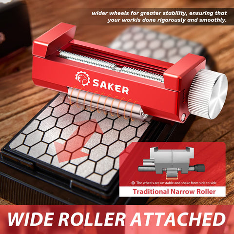 Saker honing guide red off-center roller demonstrates improved control during sharpening.