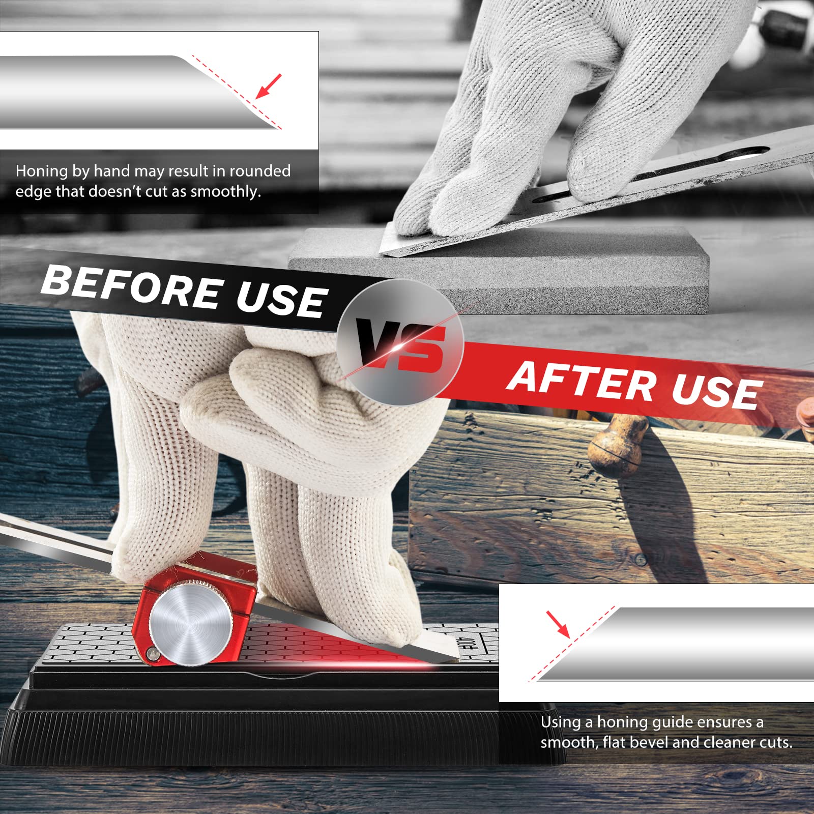 Saker honing guide red wide roller provides stable, smooth sharpening.
