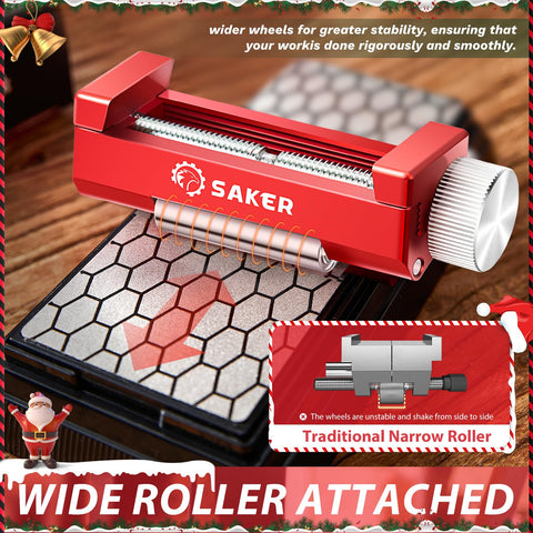 Saker honing guide wide-roller view showing stability during sharpening