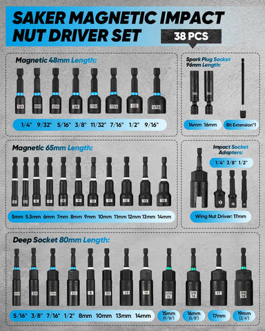 Saker magnetic nut driver set magnetic socket assembly enabling precise torque in tight spaces.