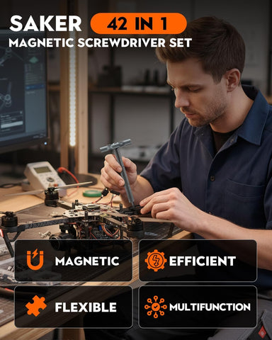 Saker magnetic screwdriver bits collection close-up highlights versatile 42-piece set for DIY tasks.