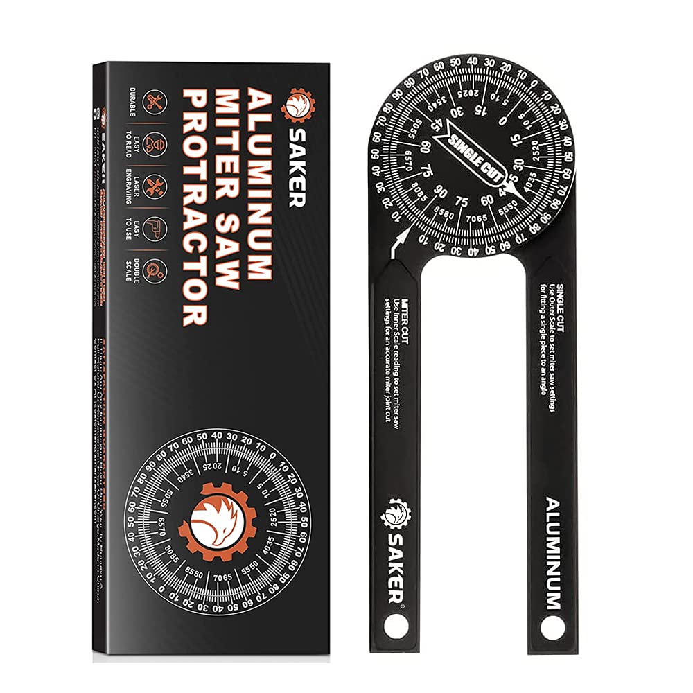 Saker Miter Saw Protractor with laser-inside readings for precise crown molding setup.