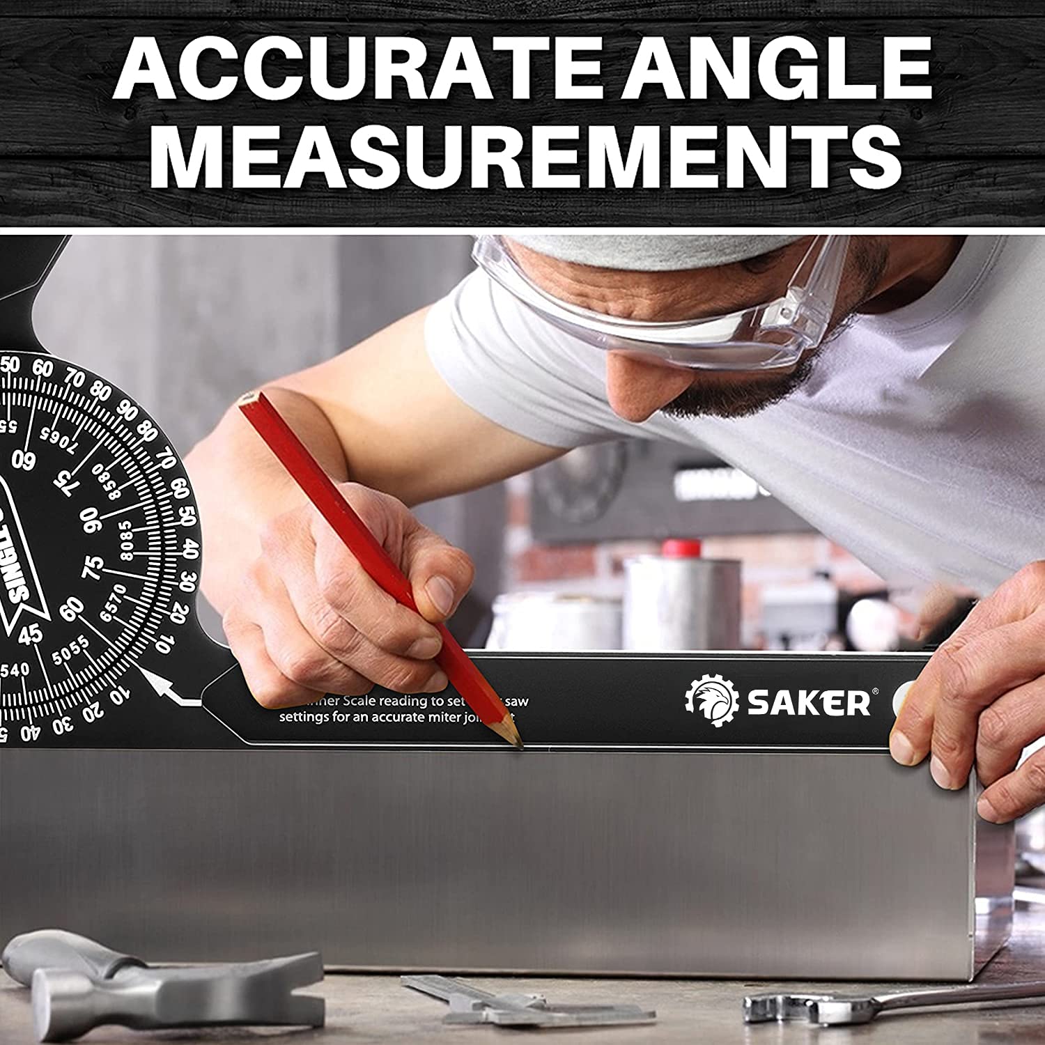 Saker protractor supports plumbing, carpentry, and metalworking measurements.