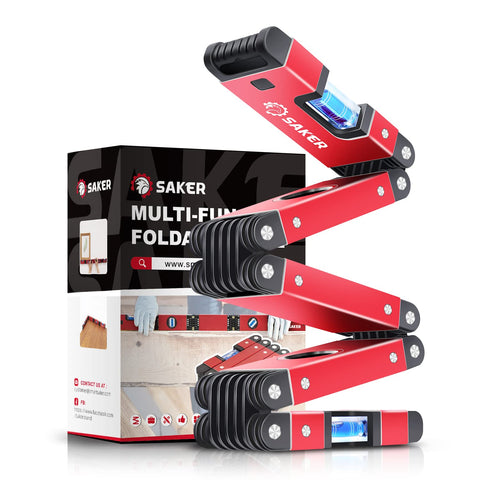 Saker multi-function foldable level with compact storage for DIY projects.