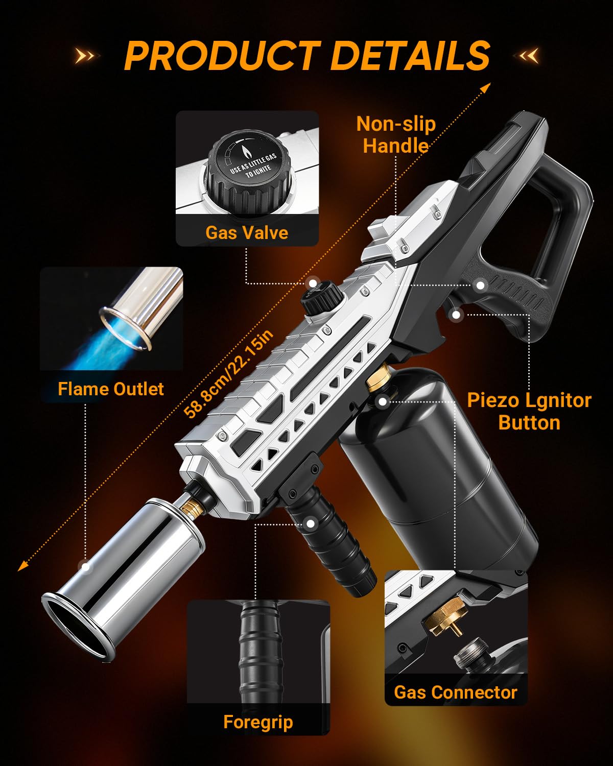 Saker propane torch used in cooking to sear and caramelize with even heat.