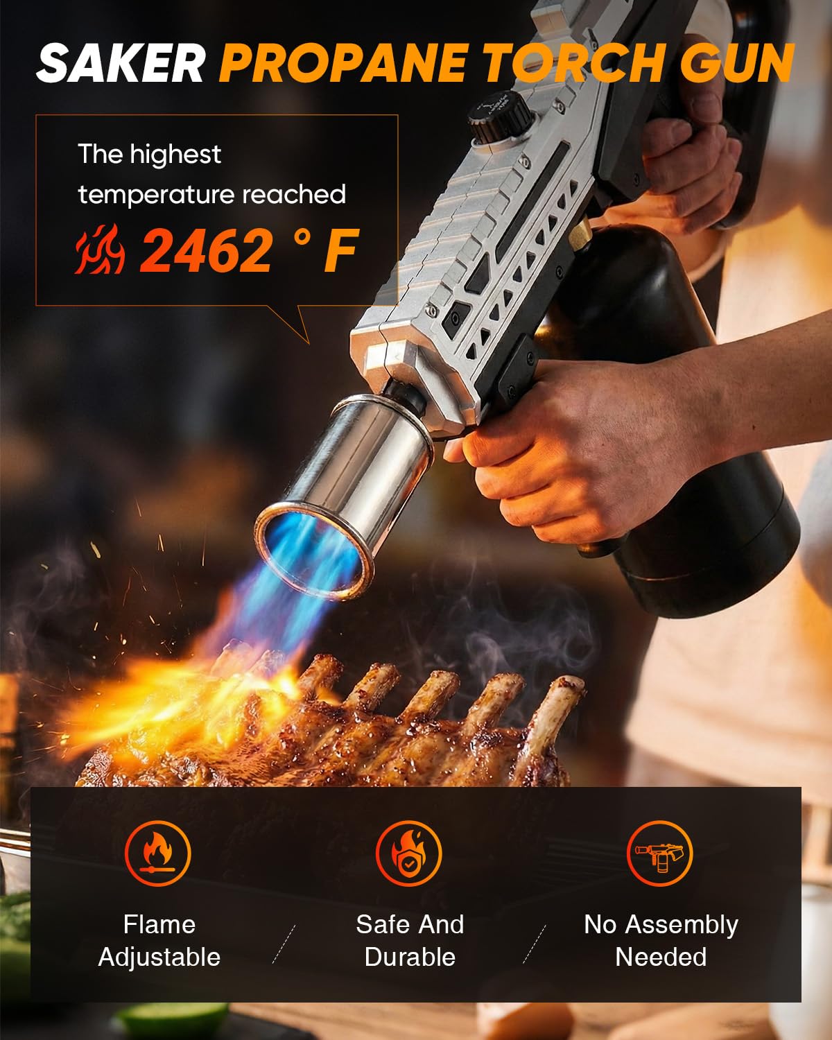 Saker propane torch delivering high heat for searing steak and vibrant char.