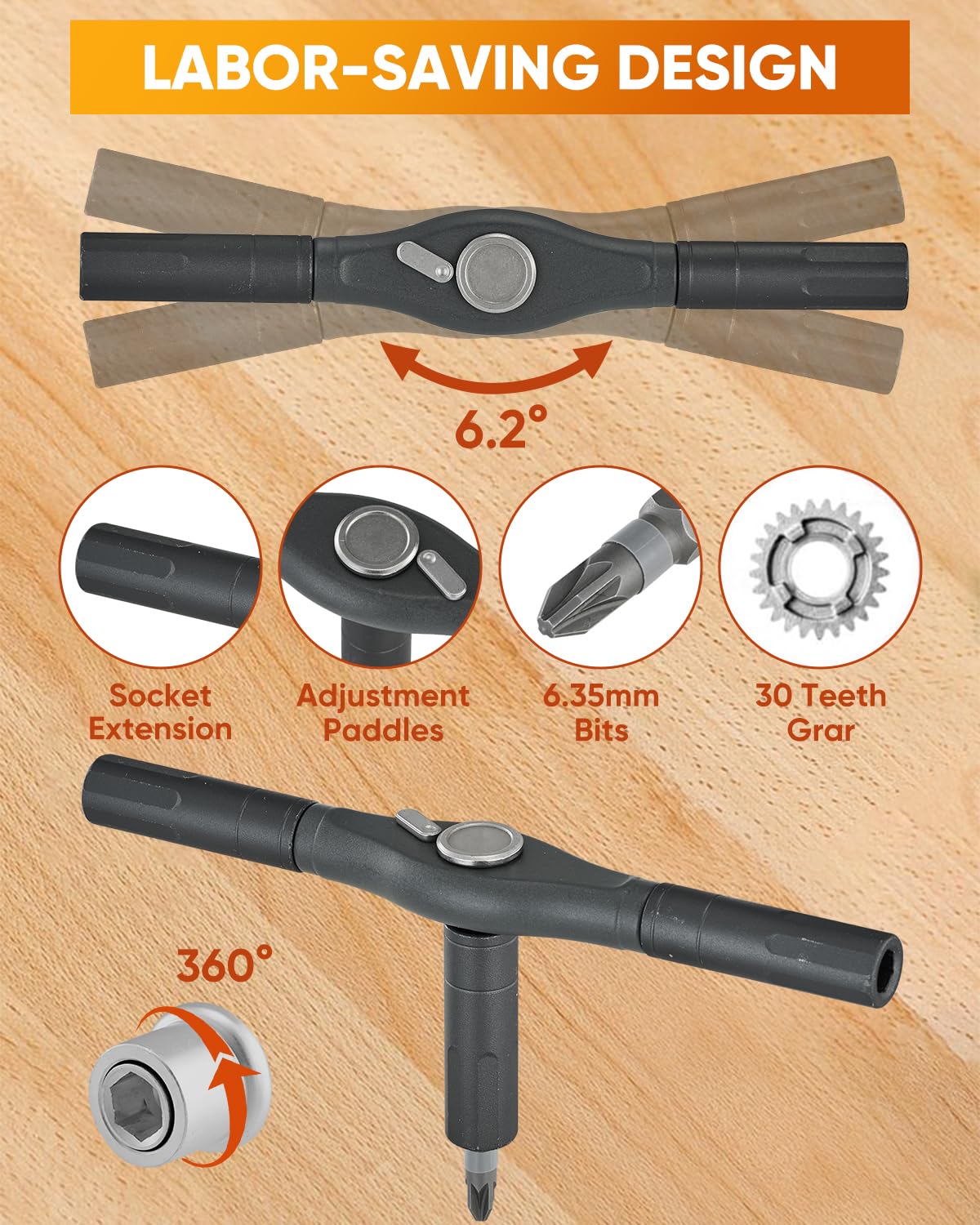 Saker T-handle mode provides leverage in tight spaces.