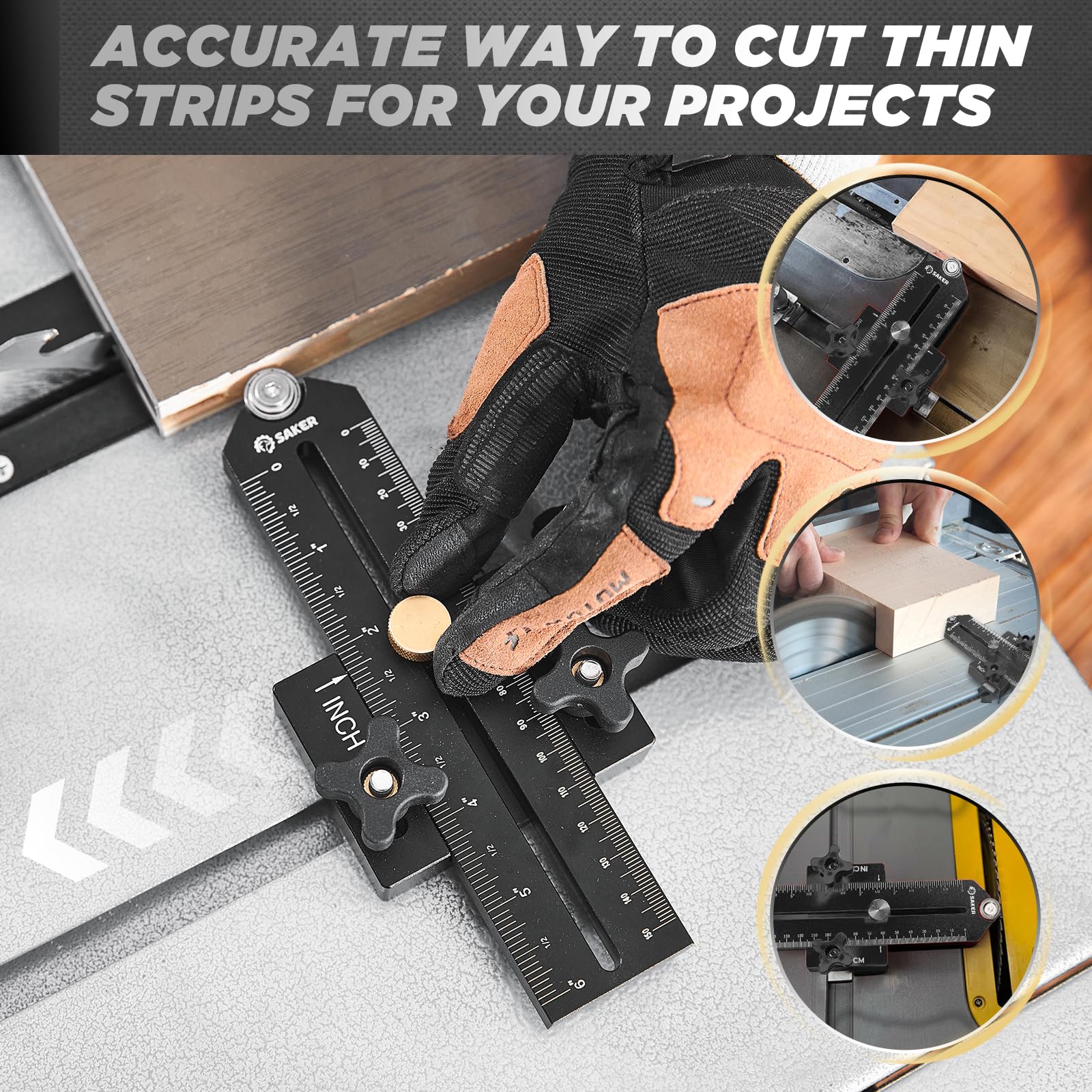 Saker thin rip jig simplifies quick width adjustments.