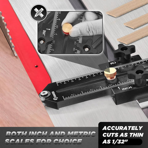 Saker jig shows imperial and metric scales for precise measurements.