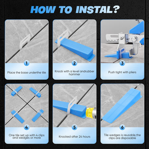 Saker tile leveling system for fast, even tile rows on floors.