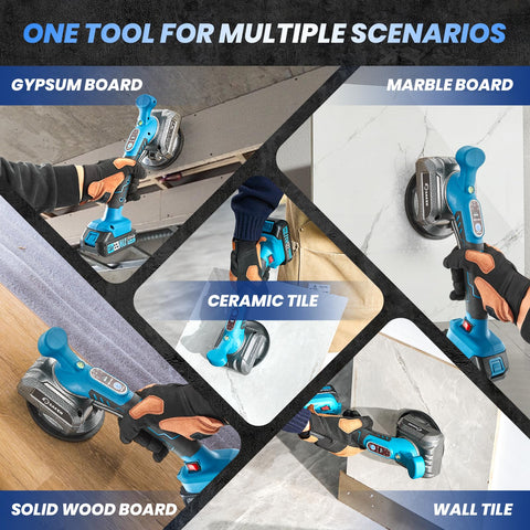 Saker tile vibration tool positioned for one‑handed installation and ease of use