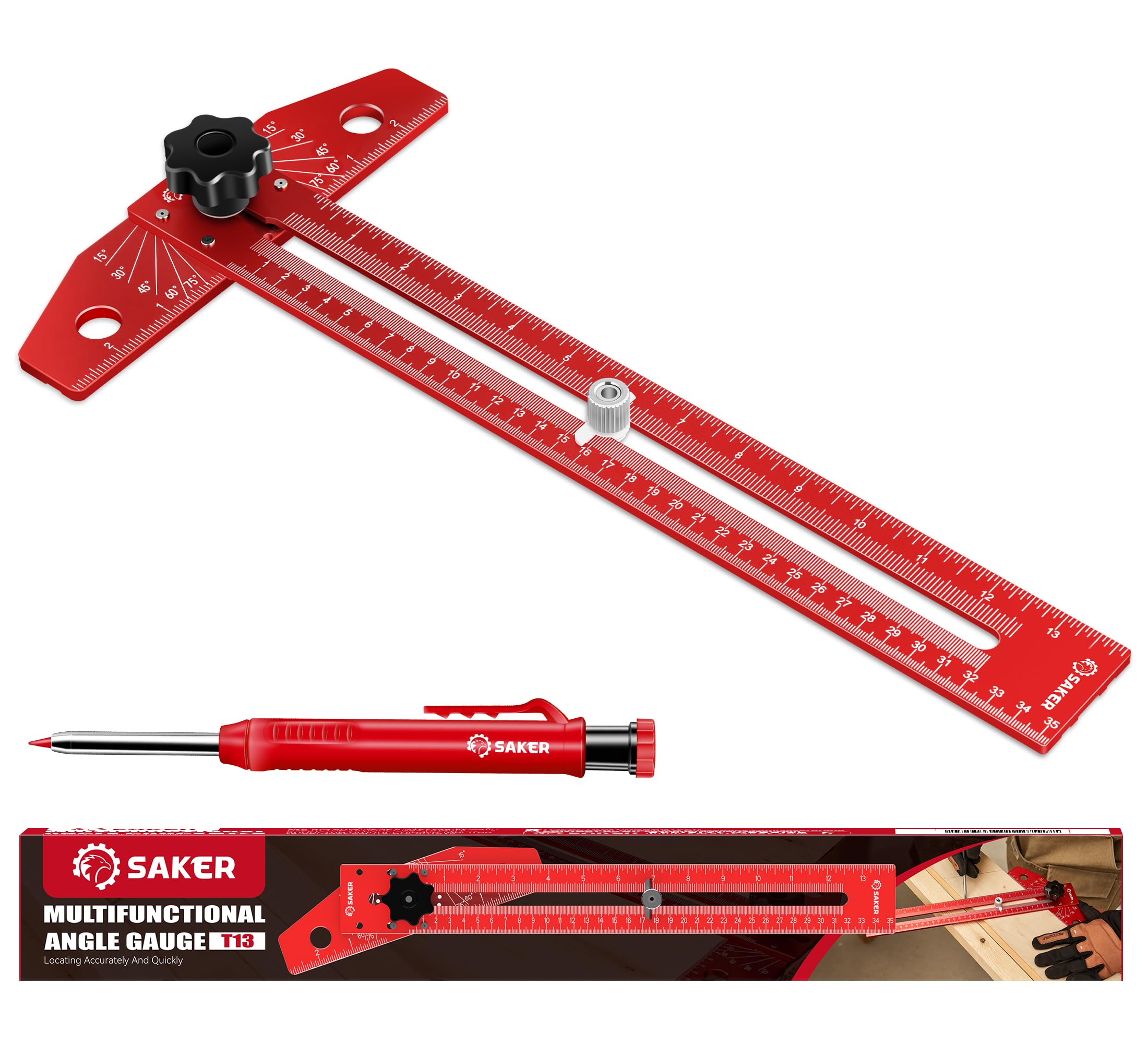 Saker woodworking scriber with adjustable angle for precise marking and quick measurements.