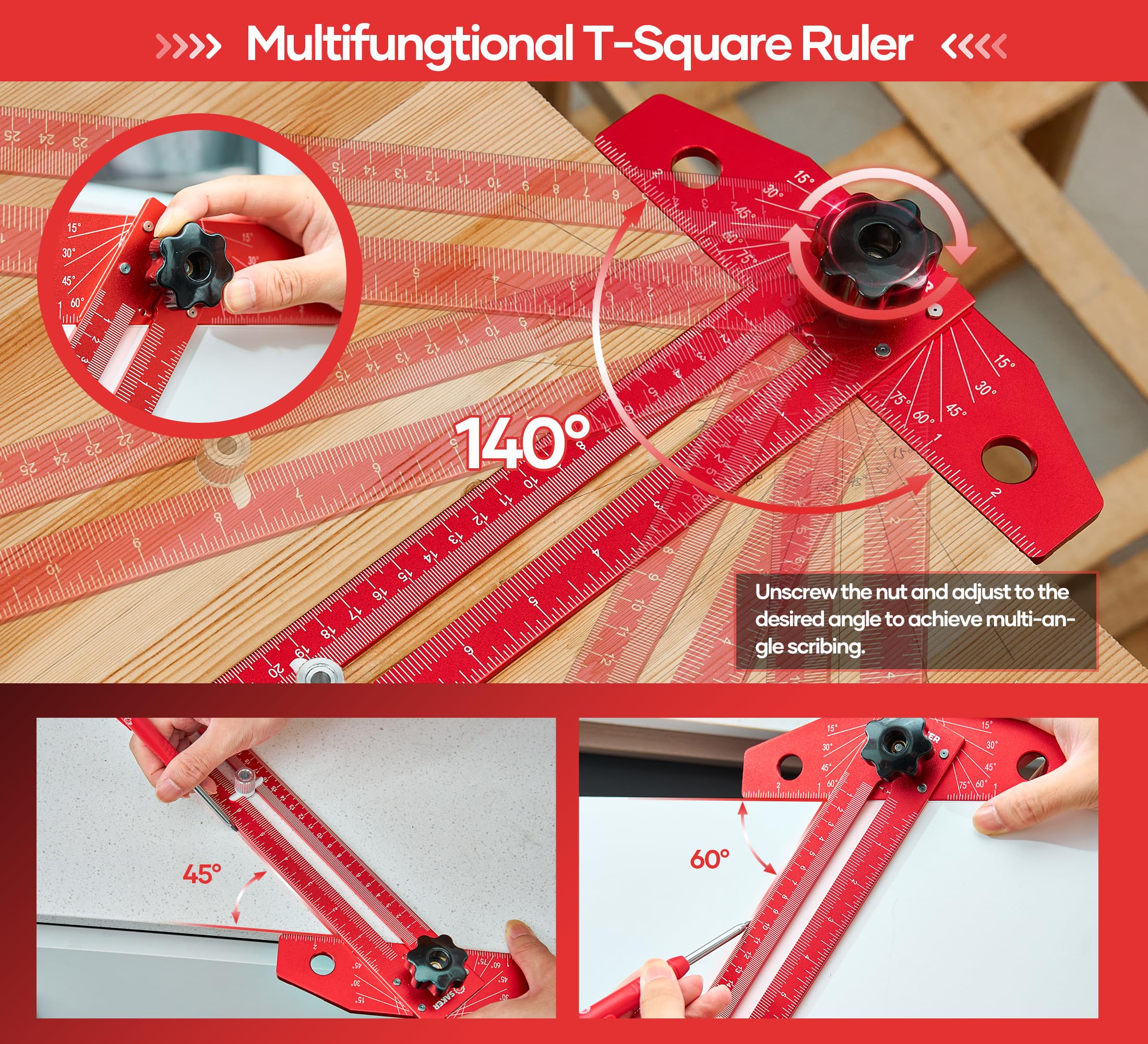 Saker protractor and ruler set for multi-angle marking in carpentry projects.