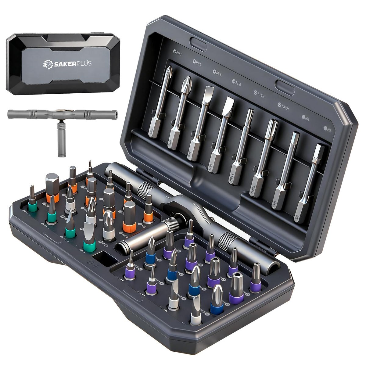 SakerPlus 42-in-1 set with ratchet in action for electronics repair.