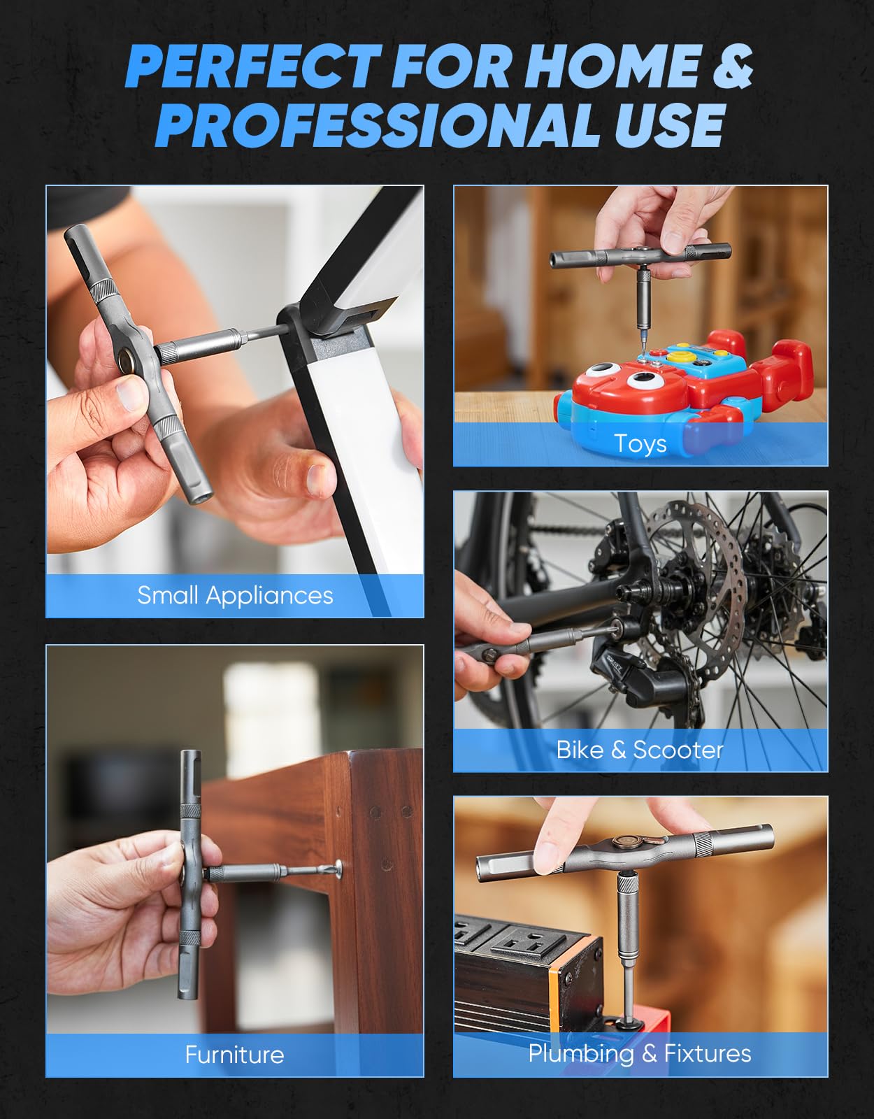 Aluminum alloy T-handle balances strength and comfort.