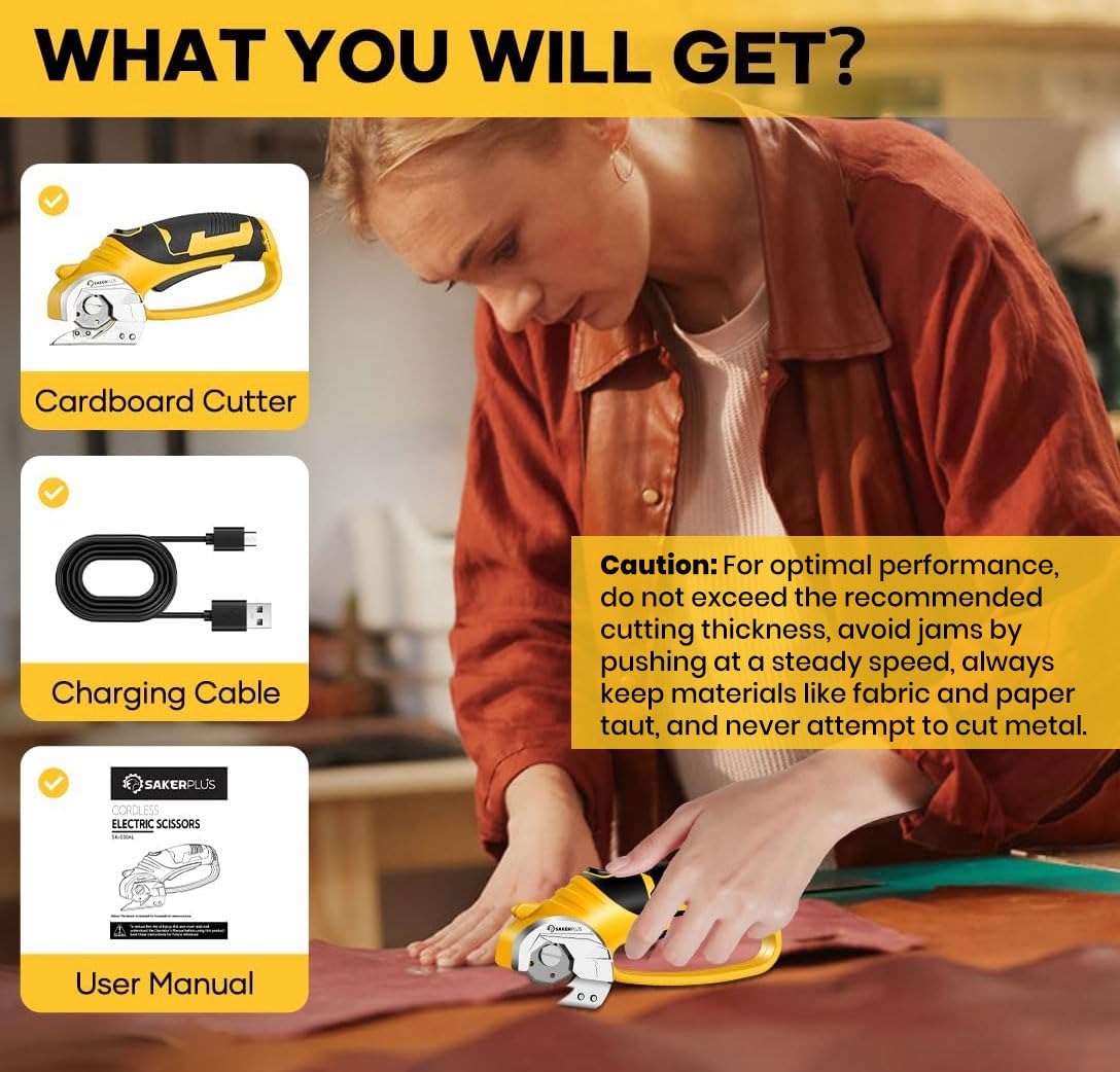 SakerPlus box cutter packaged with USB cable and manual for setup.