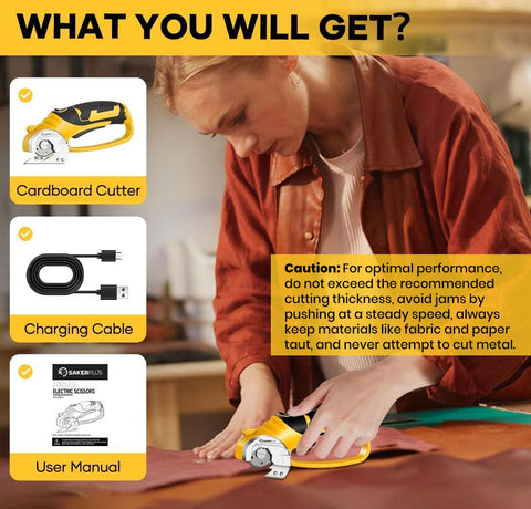 SakerPlus box cutter packaged with USB cable and manual for setup.