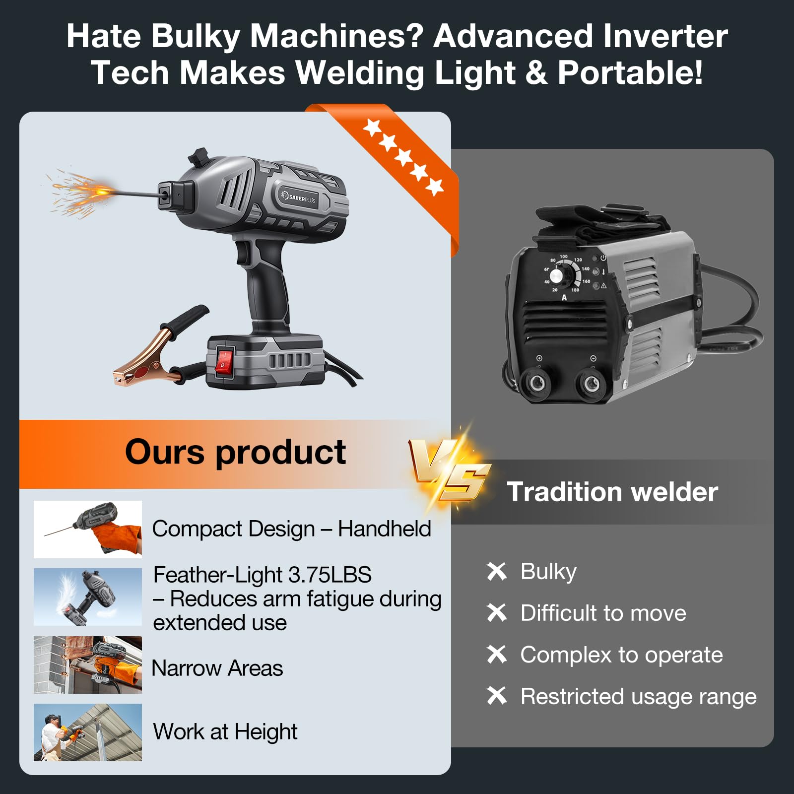 SakerPlus handheld welder with ergonomic handle for comfortable overhead work