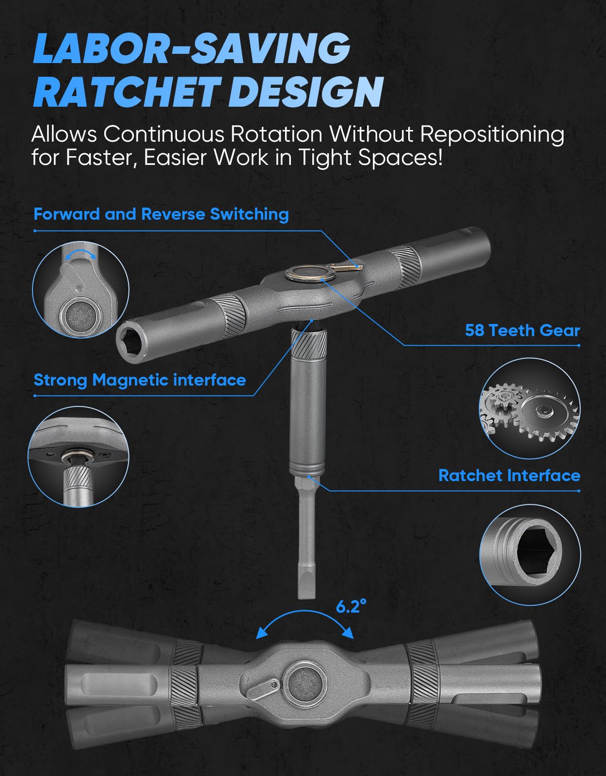 Magnetic bit holder keeps screws secure during work.