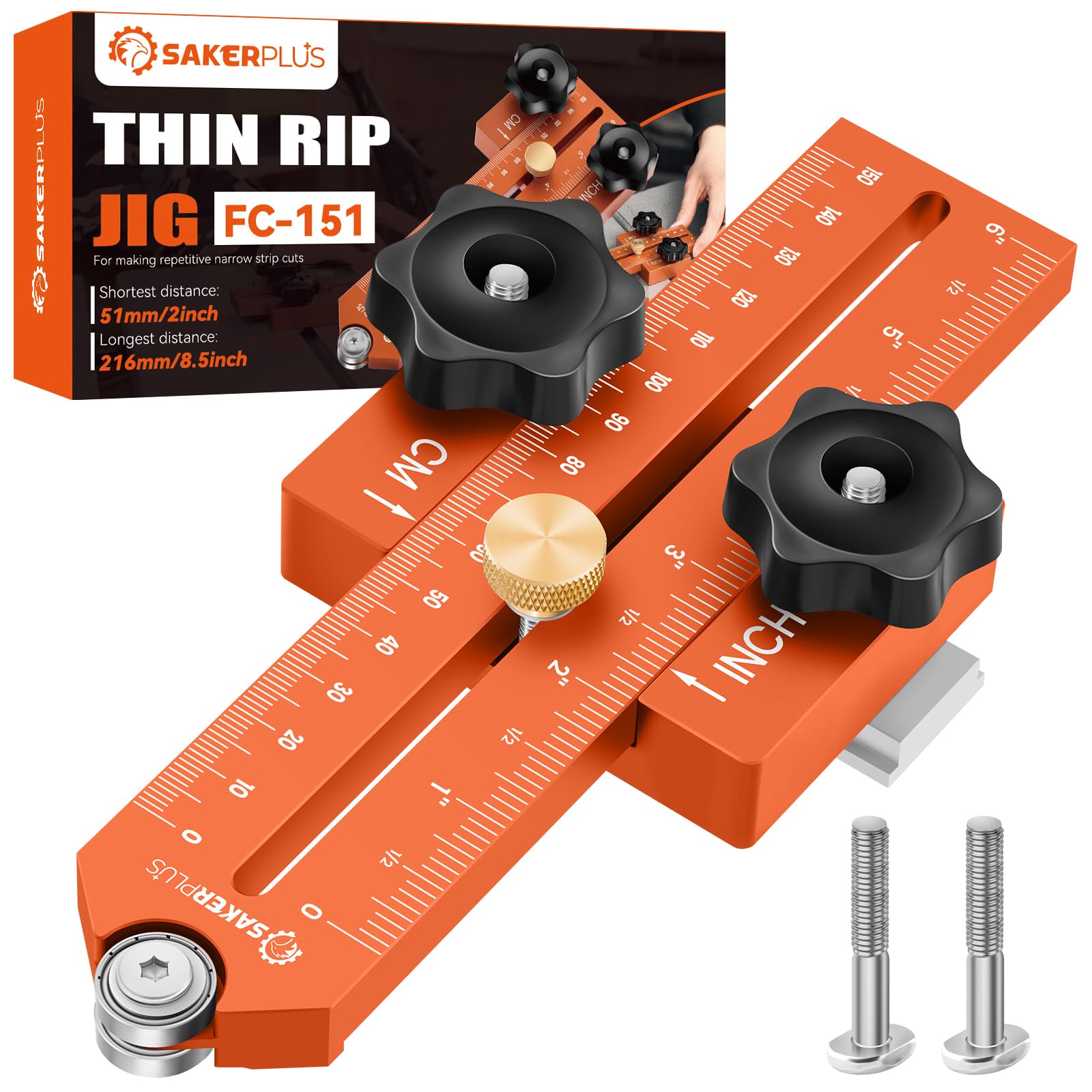 SakerPlus Thin Rip Jig on table saw for precise narrow ripping with stable cuts.
