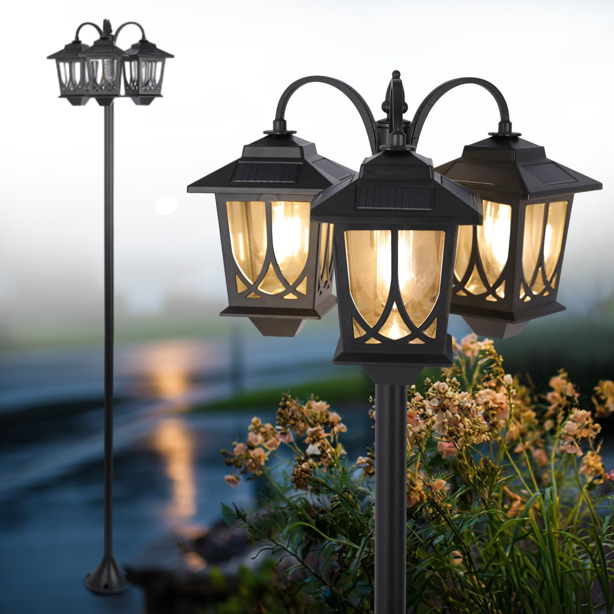 SAKSIAPRO 3-head solar lamp post lights the garden path with warm 3000K glow.