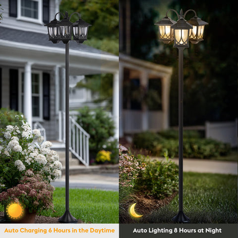 SAKSIAPRO solar lamp post automatically lights at dusk for effortless operation.
