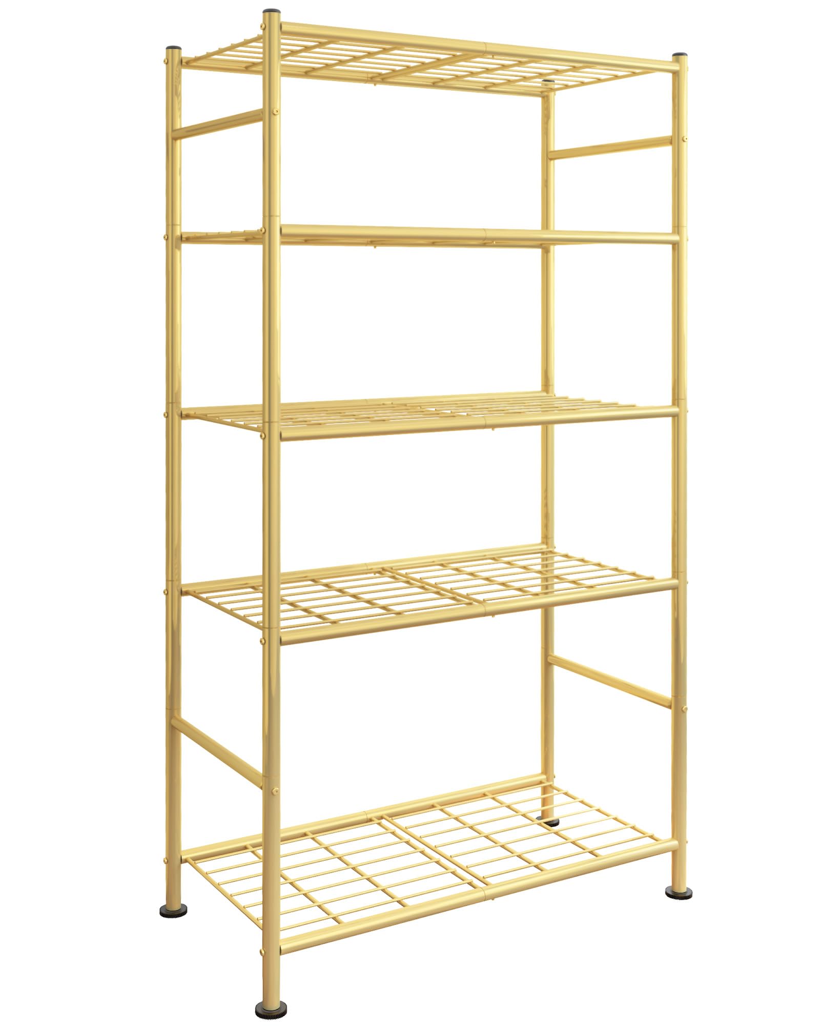 Sakugi 5 tier shelving unit front view with sturdy gold frame for durable storage