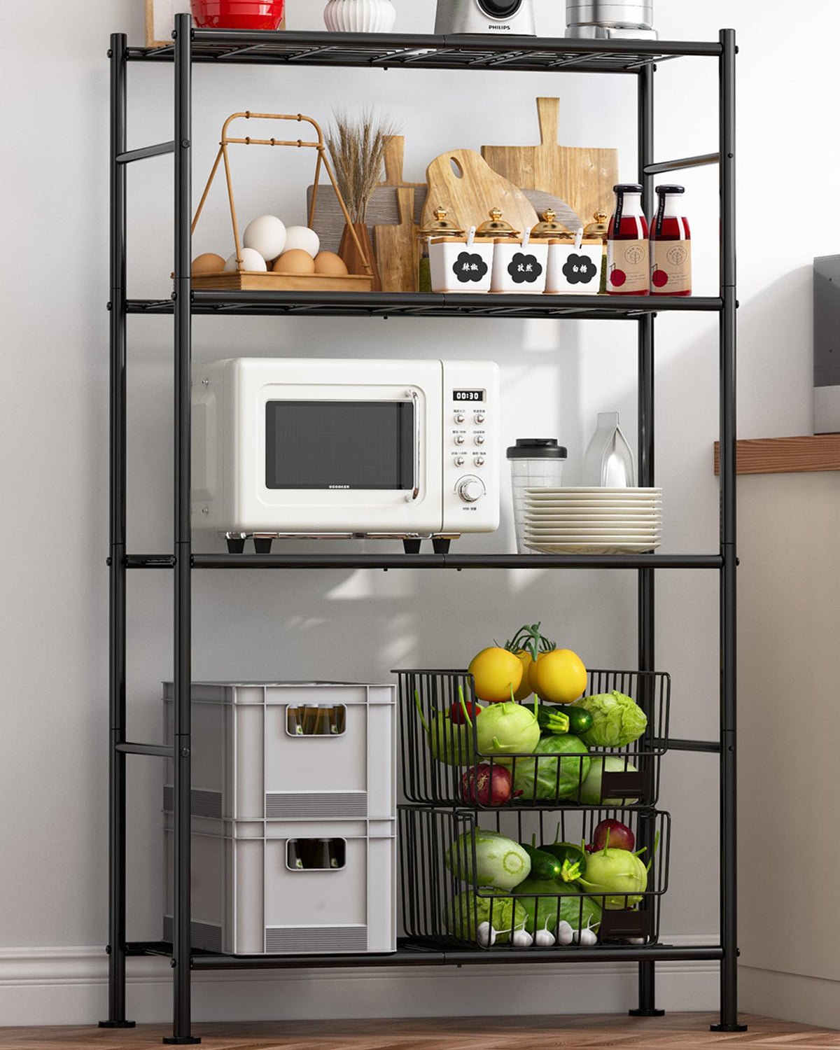 Sakugi four-tier storage shelves front view showing sturdy metal construction for organized pantry use
