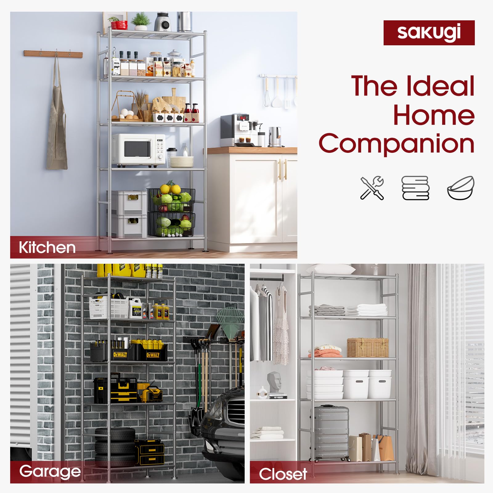 Sakugi shelves in kitchen area showcasing 33-inch width for bulk containers