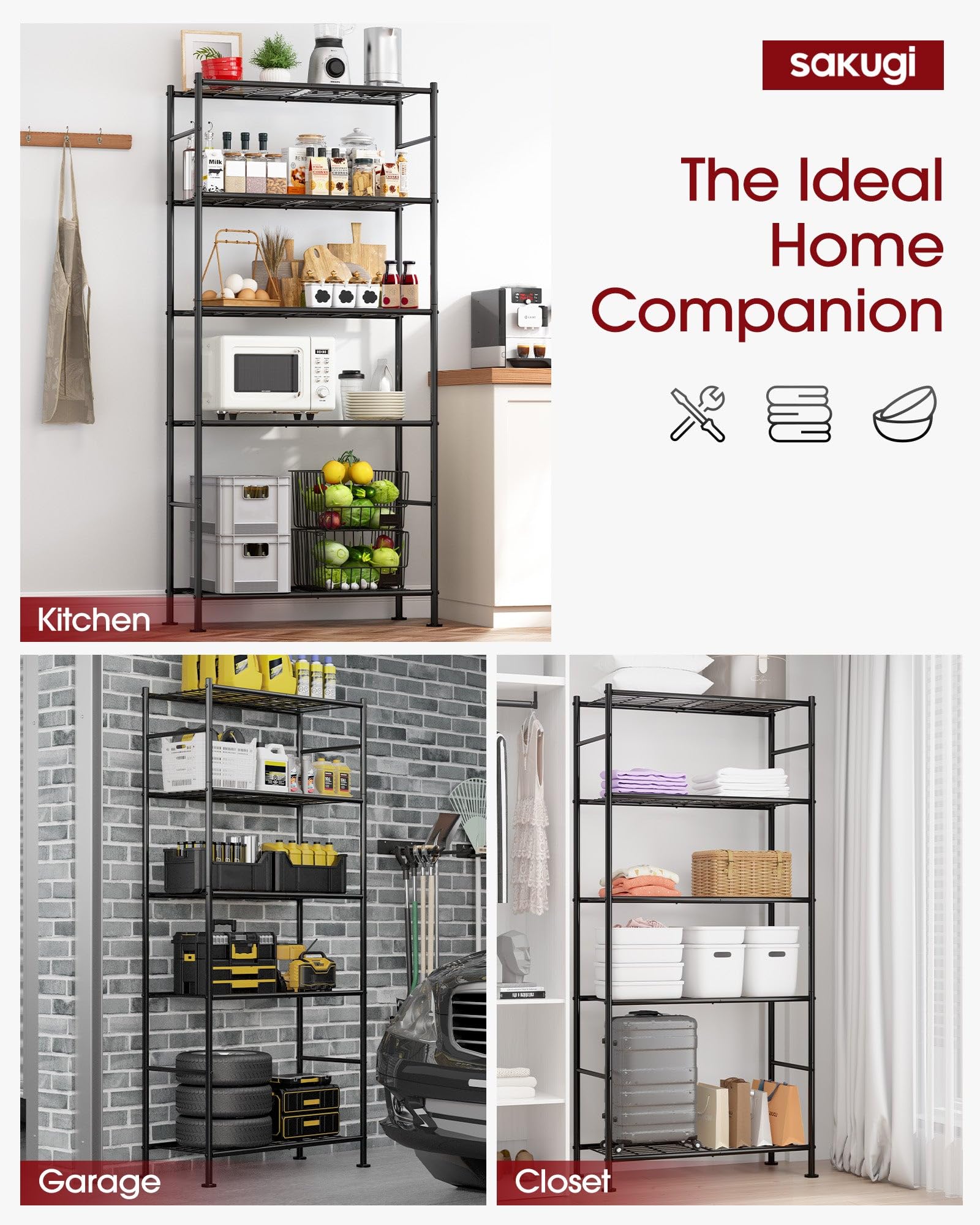 Sakugi leveling feet in black stabilize the shelving and prevent wobble.