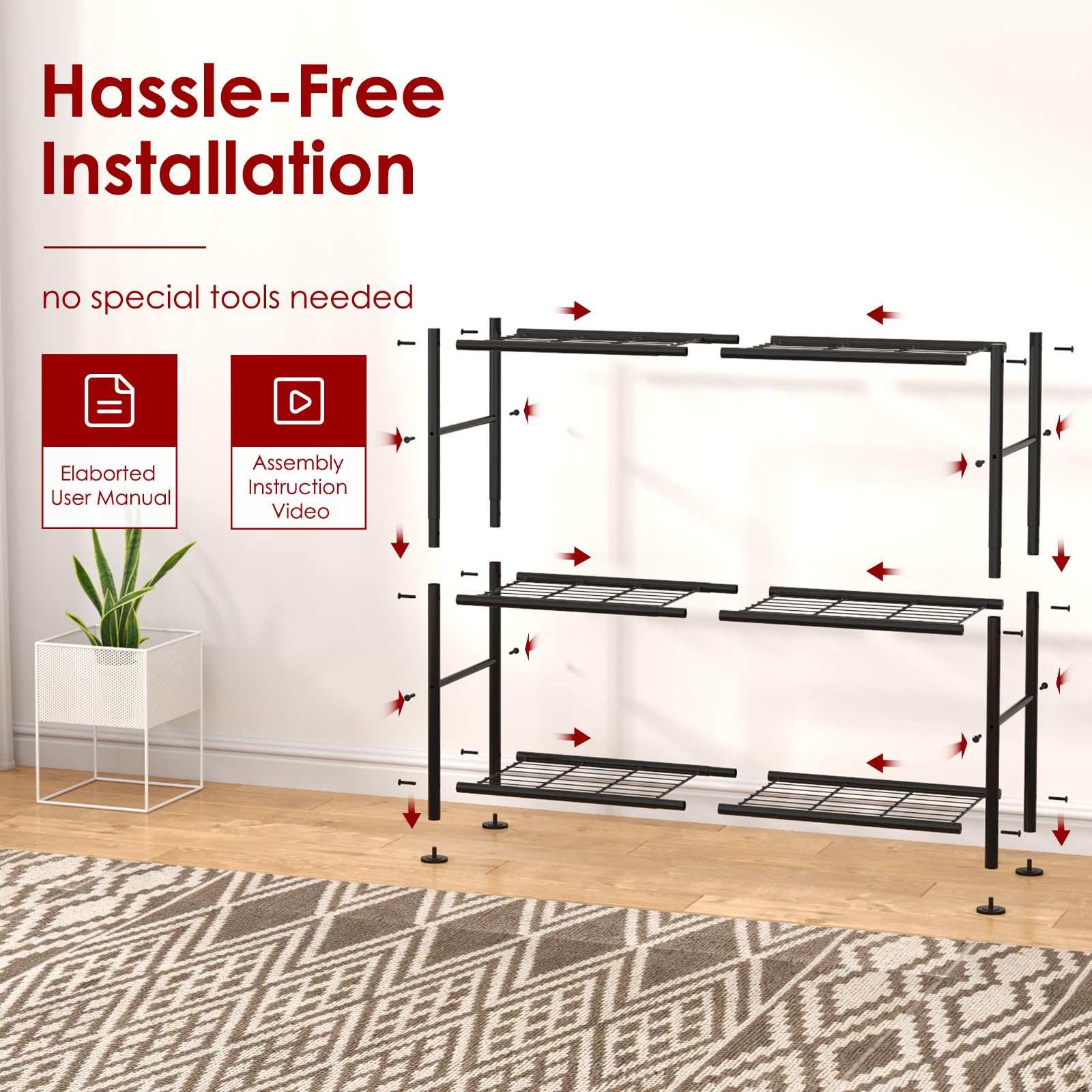Sakugi metal shelves close-up emphasizes durability against dents and rust.