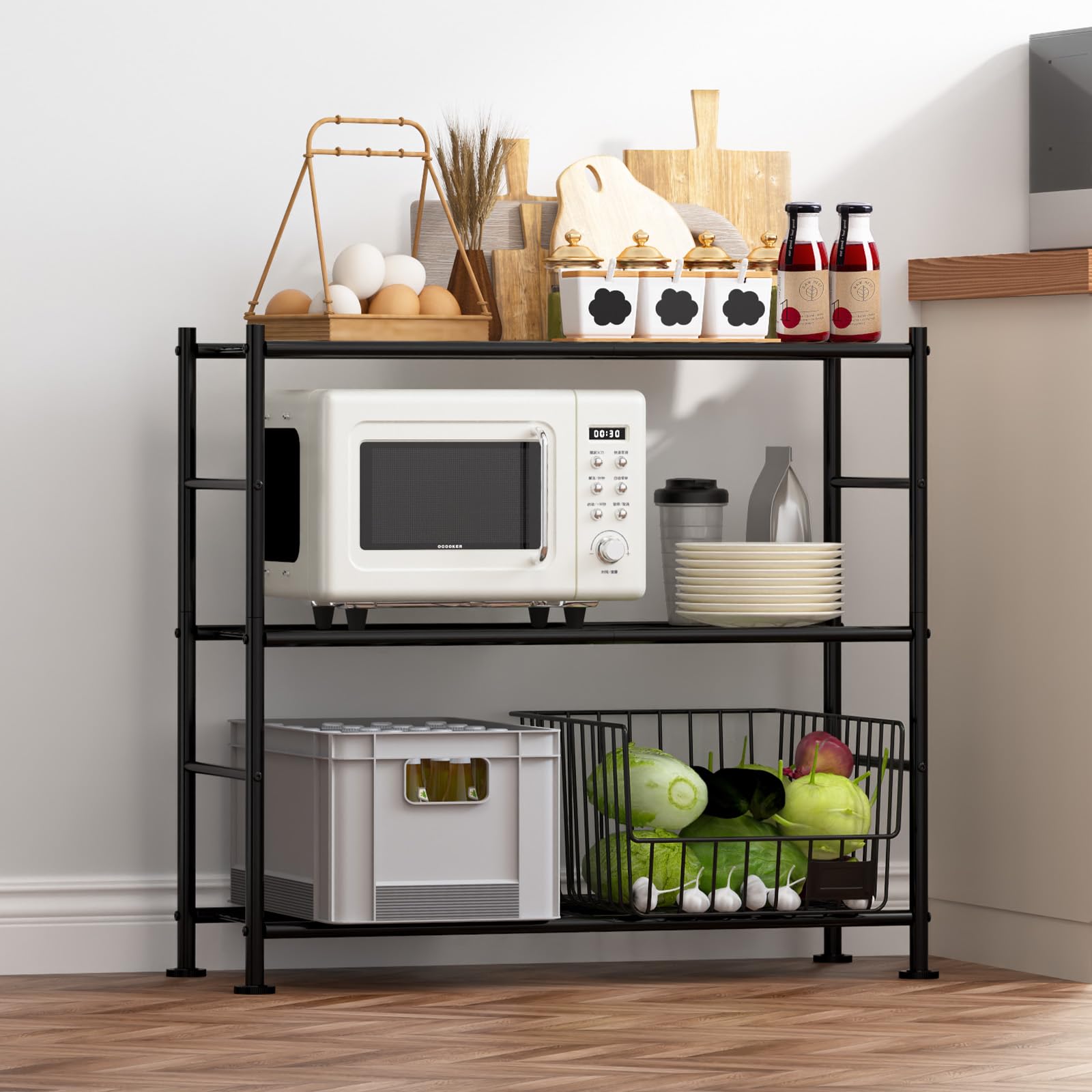 Sakugi storage shelves 3-tier front view showing heavy-duty stability for garage and pantry.