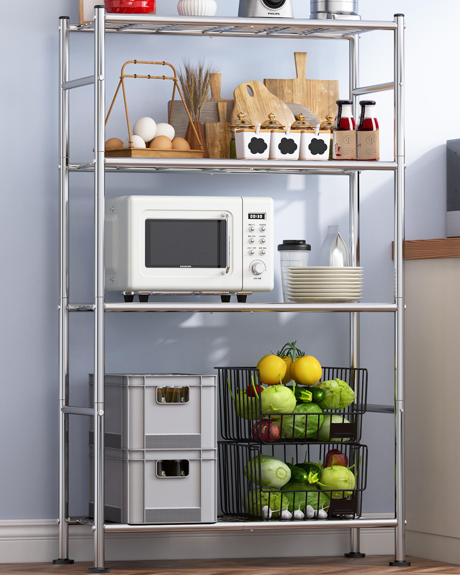 Sakugi 4-tier storage shelves fully assembled for heavy-duty use.