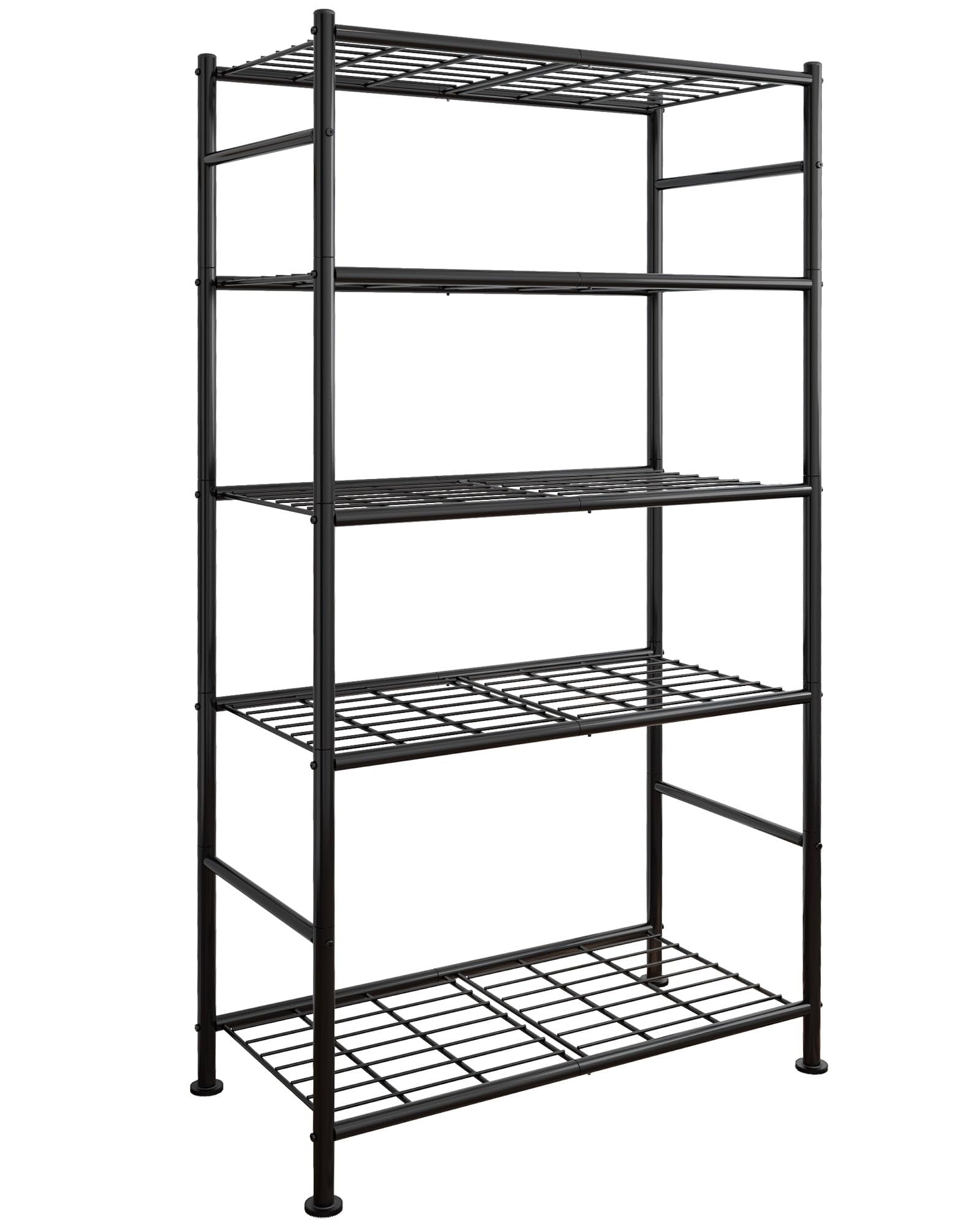 Sakugi five-tier storage shelves in black, front view, ideal for organized pantry storage.