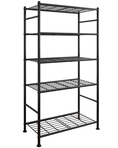 Sakugi five-tier storage shelves in black, front view, ideal for organized pantry storage.