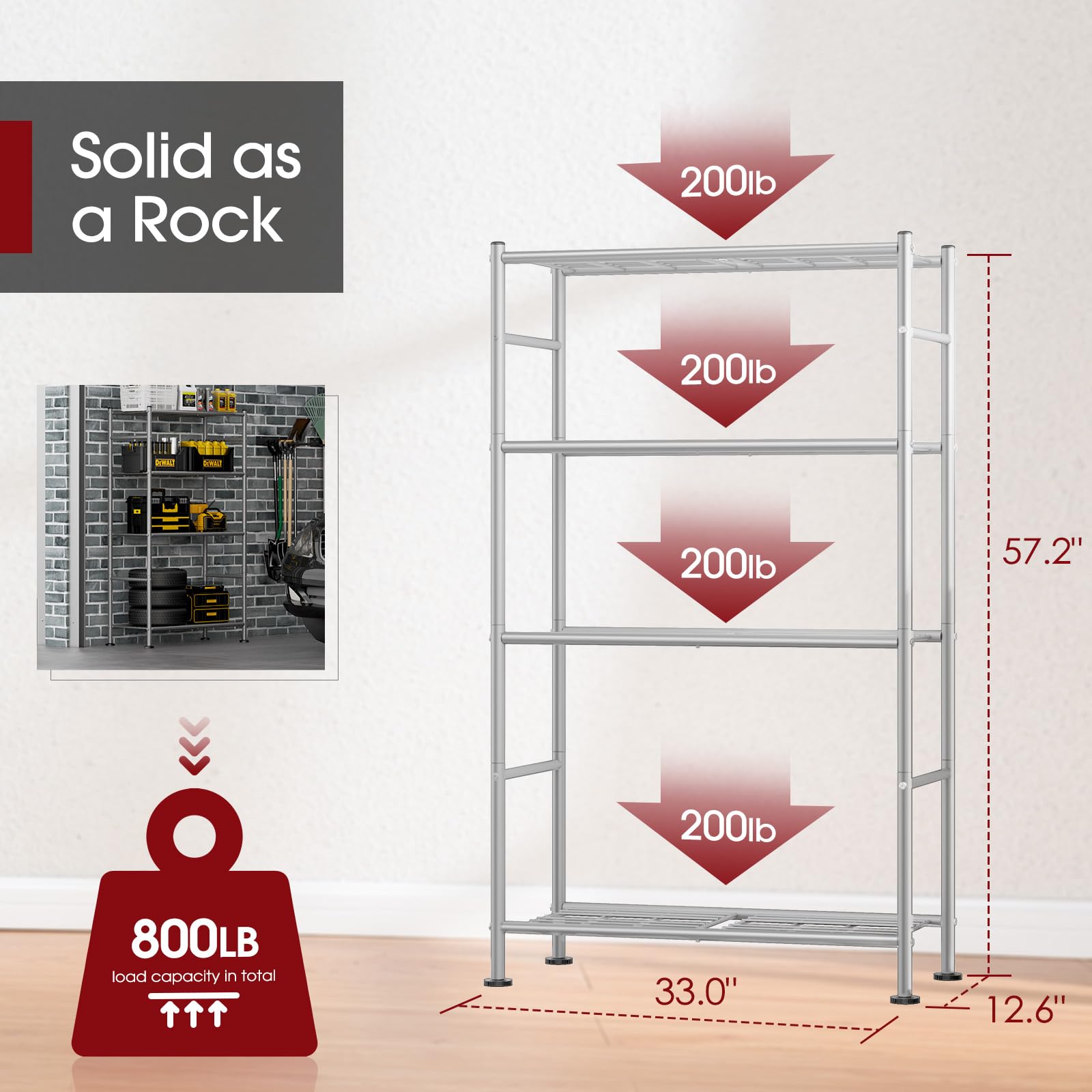 Sakugi shelves show leveling feet for stable placement on uneven floors.