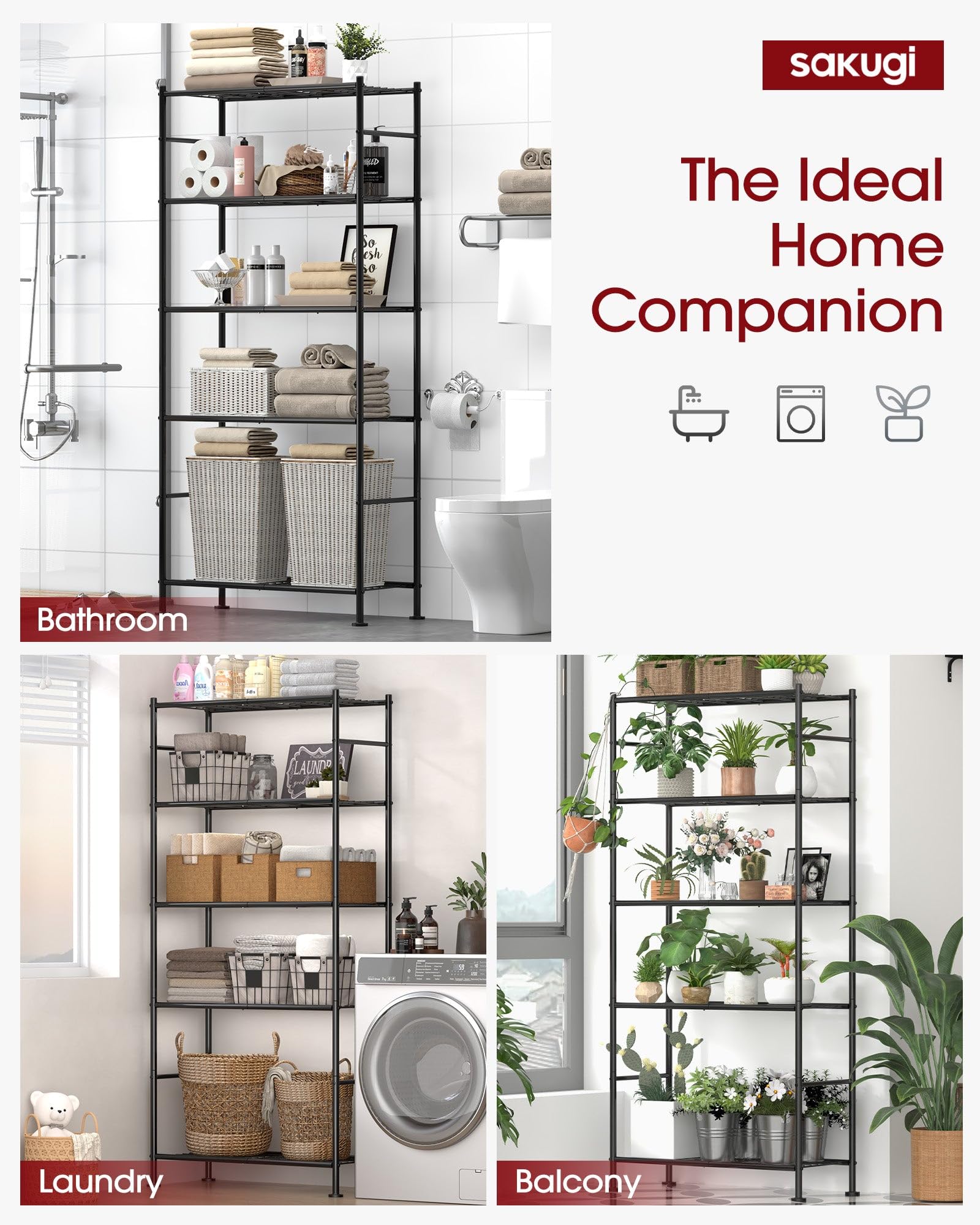 Sakugi wall fixing kit included in black to enhance shelf safety and security.