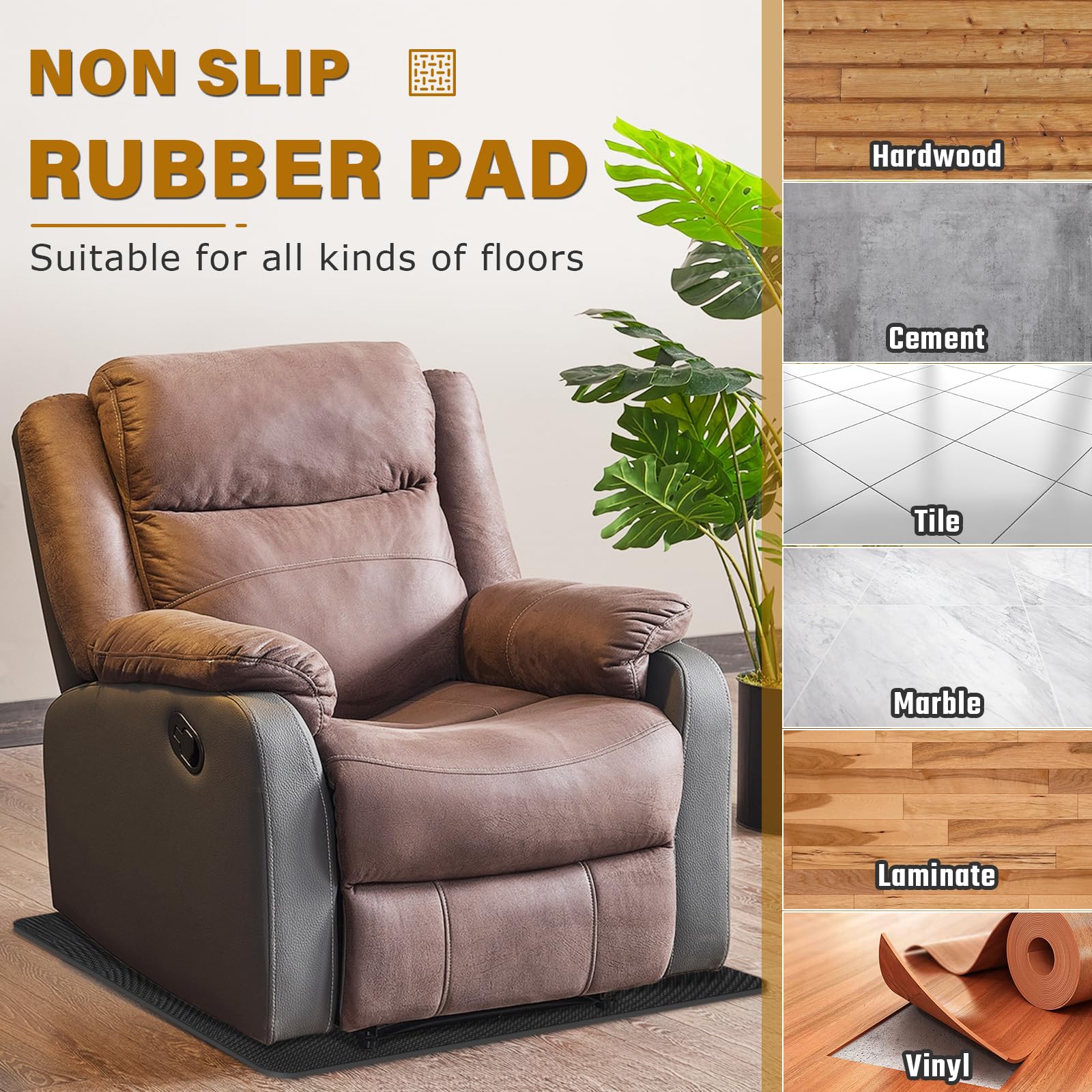 Salcod rubber recliner mat guards floors and reduces scratches.
