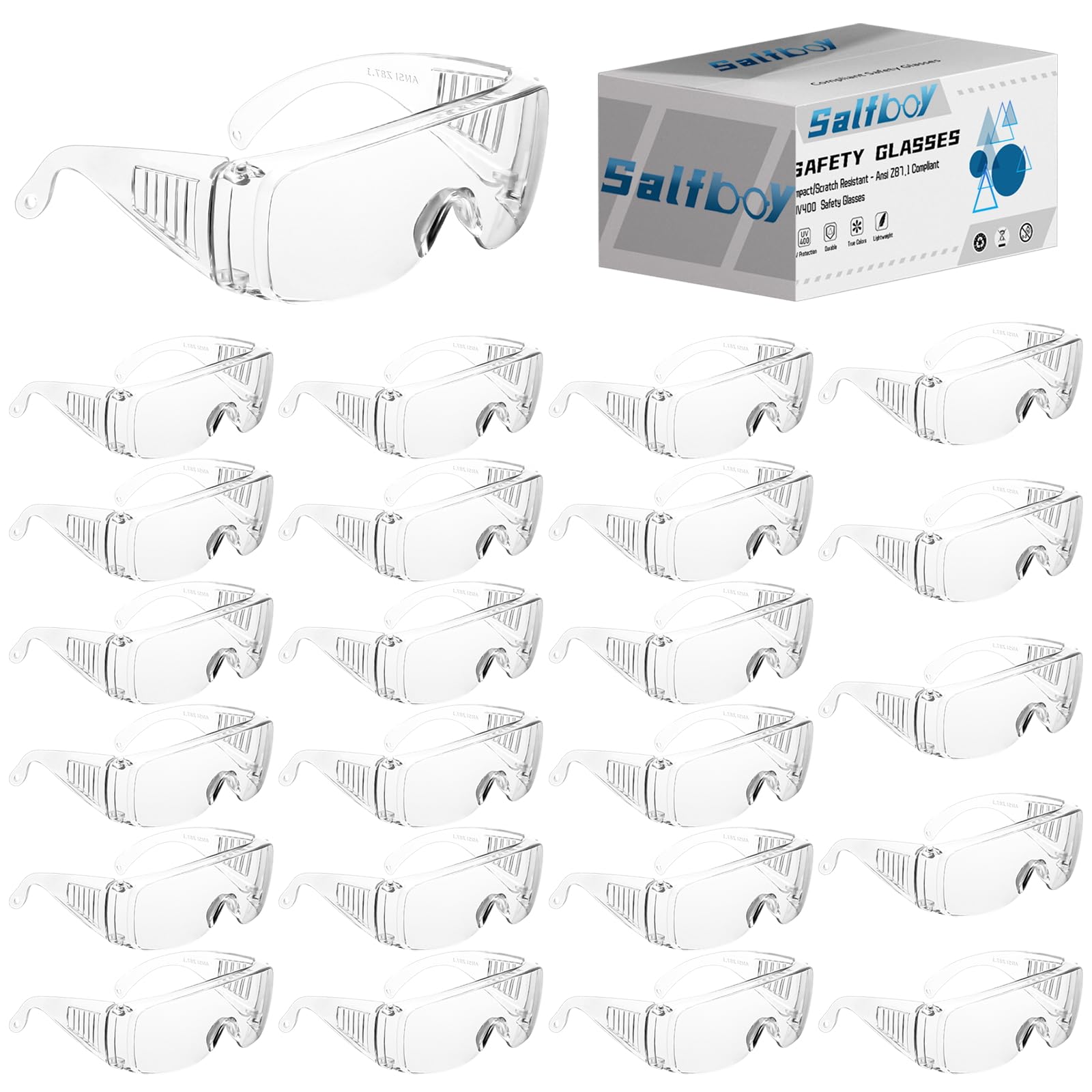 Salfboy 24-pack safety goggles fit over eyeglasses for easy prescription use.