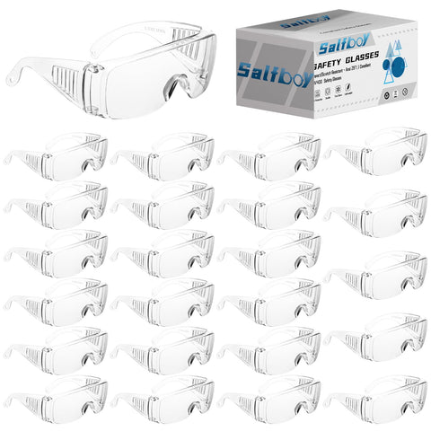 Salfboy 24-pack safety goggles fit over eyeglasses for easy prescription use.