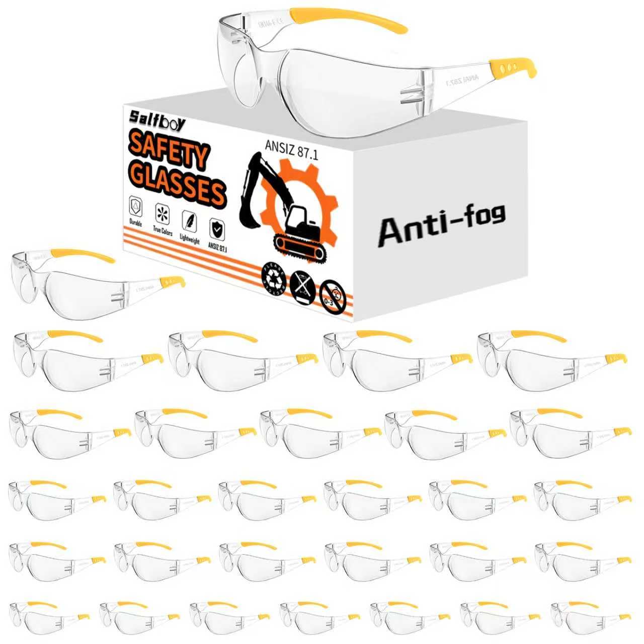 Salfboy anti fog safety glasses front view with clear all day visibility