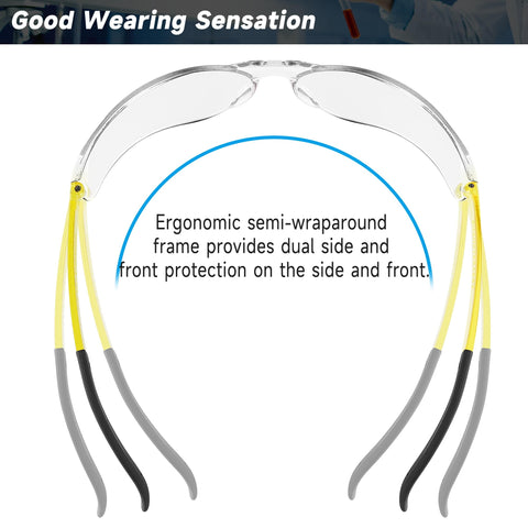 Salfboy clear safety glasses silicone temple tips for skin-friendly grip.