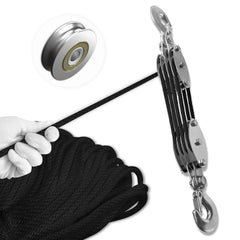SALIFTFE Block and Tackle Pulley System angled view, compact storage for your garage