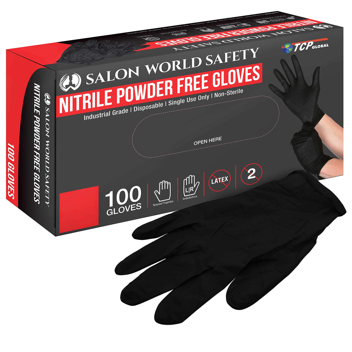 Salon World Safety black nitrile gloves box of 100 for reliable protection.