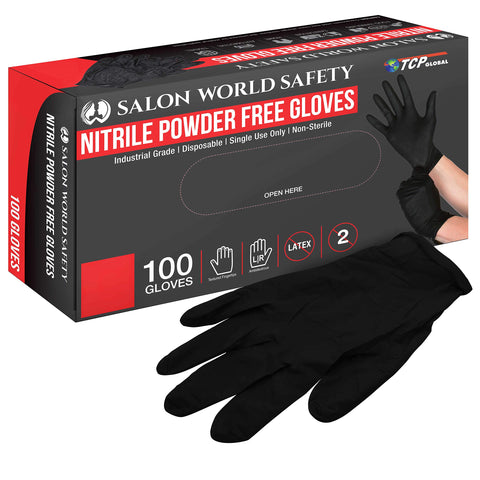 Salon World Safety black nitrile gloves box of 100 for reliable protection.