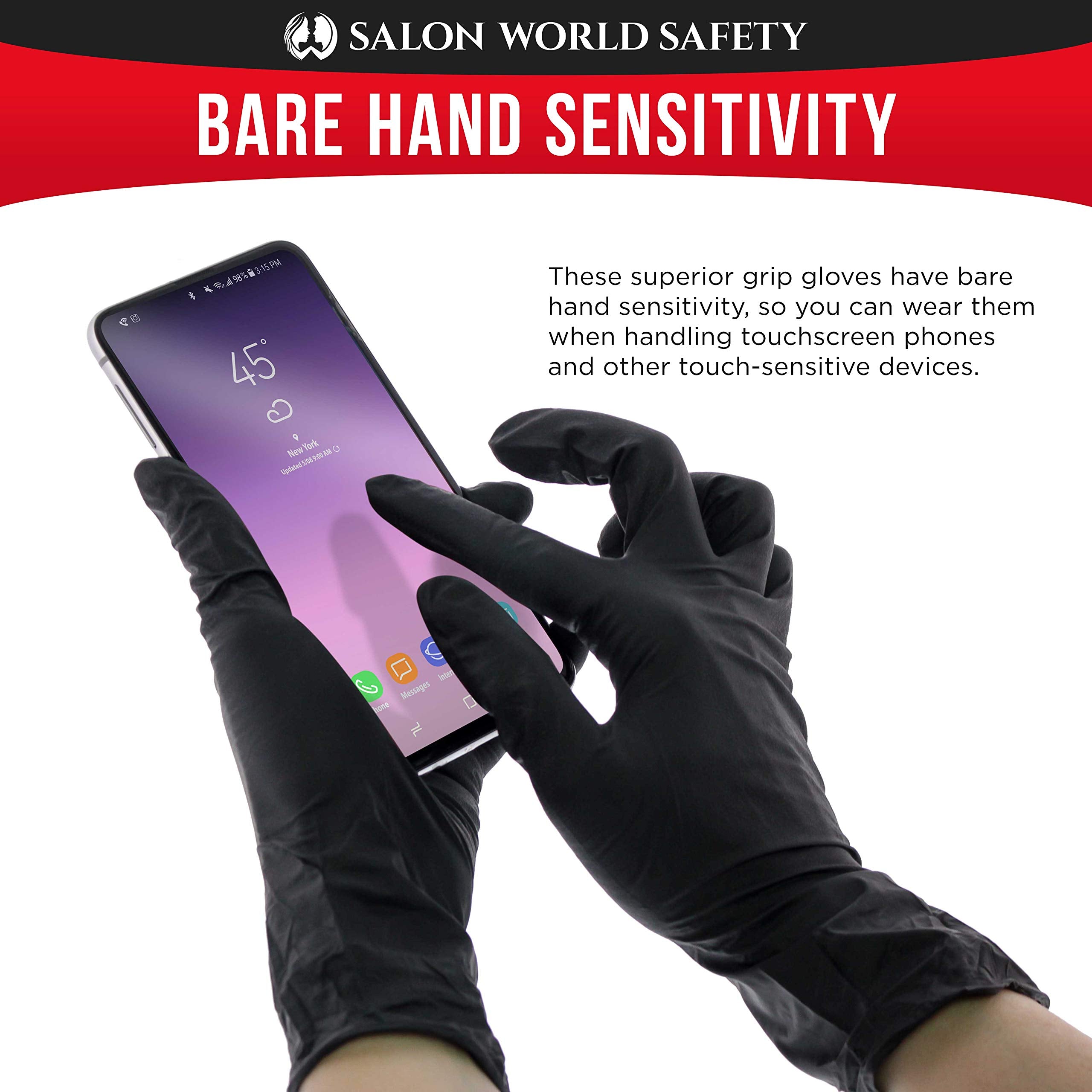 Salon World Safety gloves designed for touchscreen use without tearing.