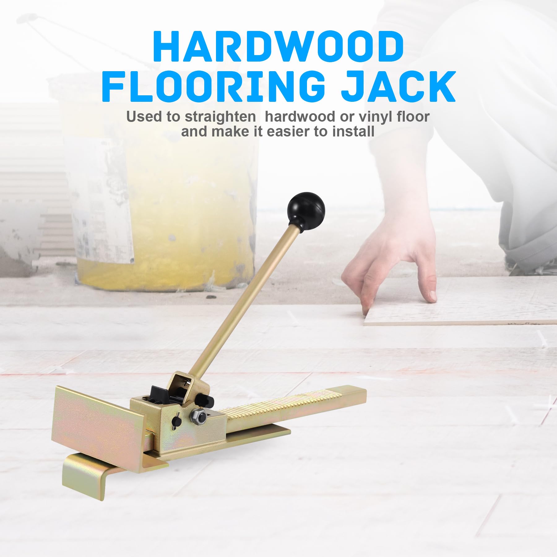 Samger Cast Steel Flooring Jack straightens crooked planks before nailing.