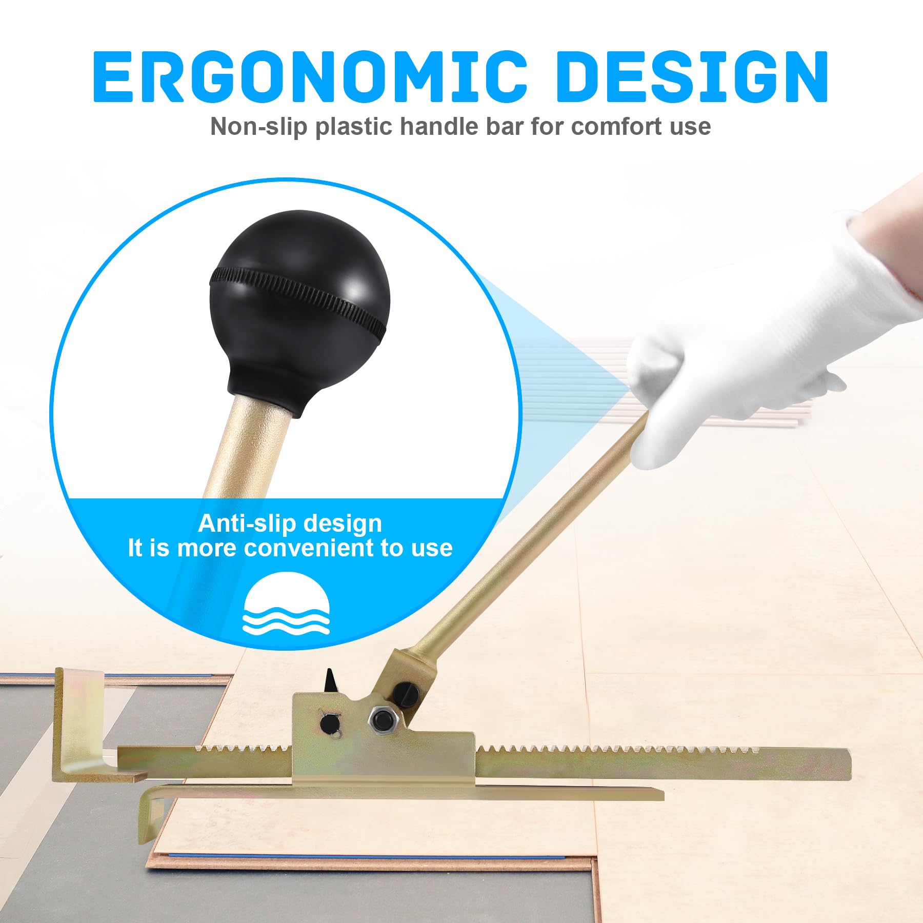 Samger Cast Steel Flooring Jack ratcheting mechanism enables controlled plank placement.